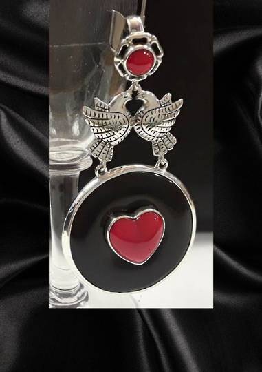 Frida Kahlo Inspired Twin Doves and Heart Onyx Pendant